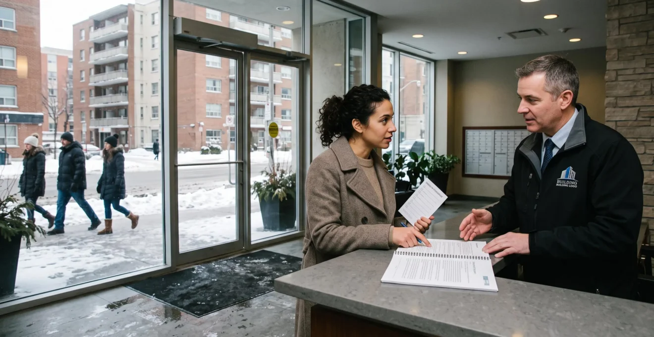 Un acheteur examine un rapport financier du syndicat avec le gestionnaire d'un immeuble en copropriété au Canada.