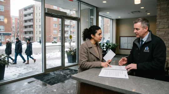 Un acheteur examine un rapport financier du syndicat avec le gestionnaire d'un immeuble en copropriété au Canada.