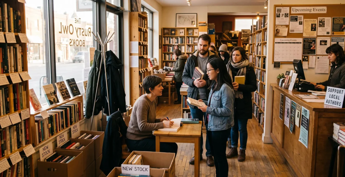 Un auteur signe des livres dans une librairie indépendante canadienne où des lecteurs attendent près d'une table de présentation et d'un mur d'affichage d'événements littéraires.