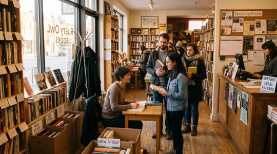 Un auteur signe des livres dans une librairie indépendante canadienne où des lecteurs attendent près d'une table de présentation et d'un mur d'affichage d'événements littéraires.