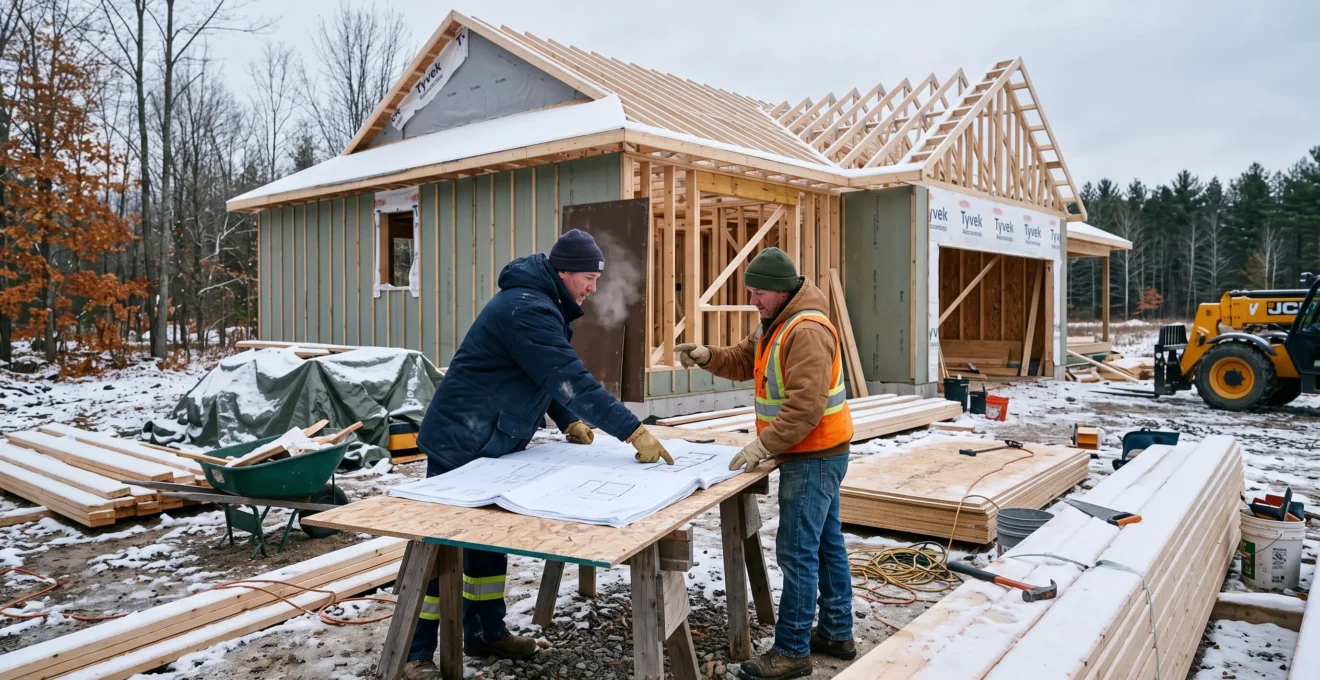 Deux travailleurs examinent des plans sur un chantier de maison en construction sous une première neige au Canada.