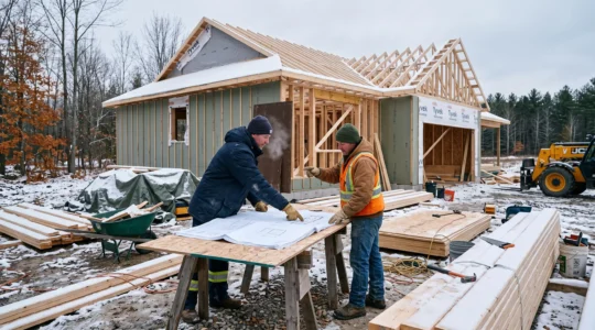 Deux travailleurs examinent des plans sur un chantier de maison en construction sous une première neige au Canada.