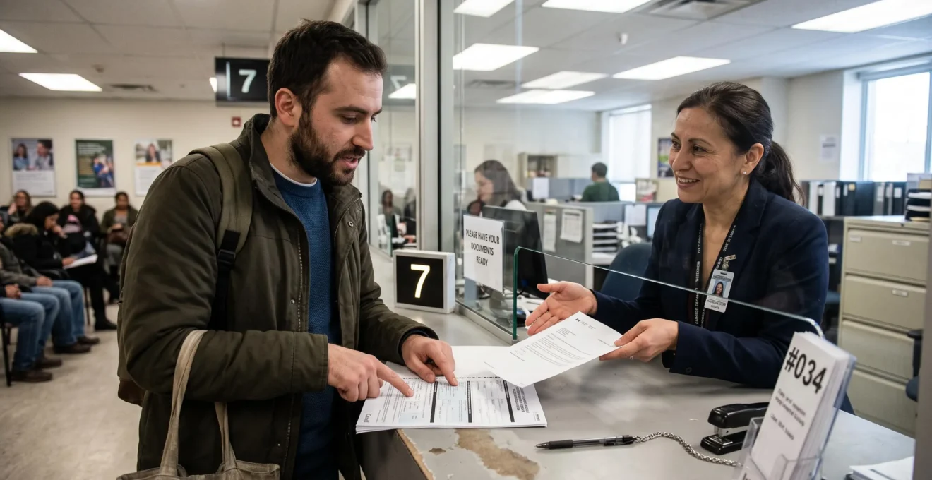 Un nouvel arrivant échange avec un agent à un comptoir de service fédéral au Canada, formulaire et documents posés sur le plan de travail.