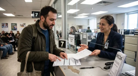 Un nouvel arrivant échange avec un agent à un comptoir de service fédéral au Canada, formulaire et documents posés sur le plan de travail.