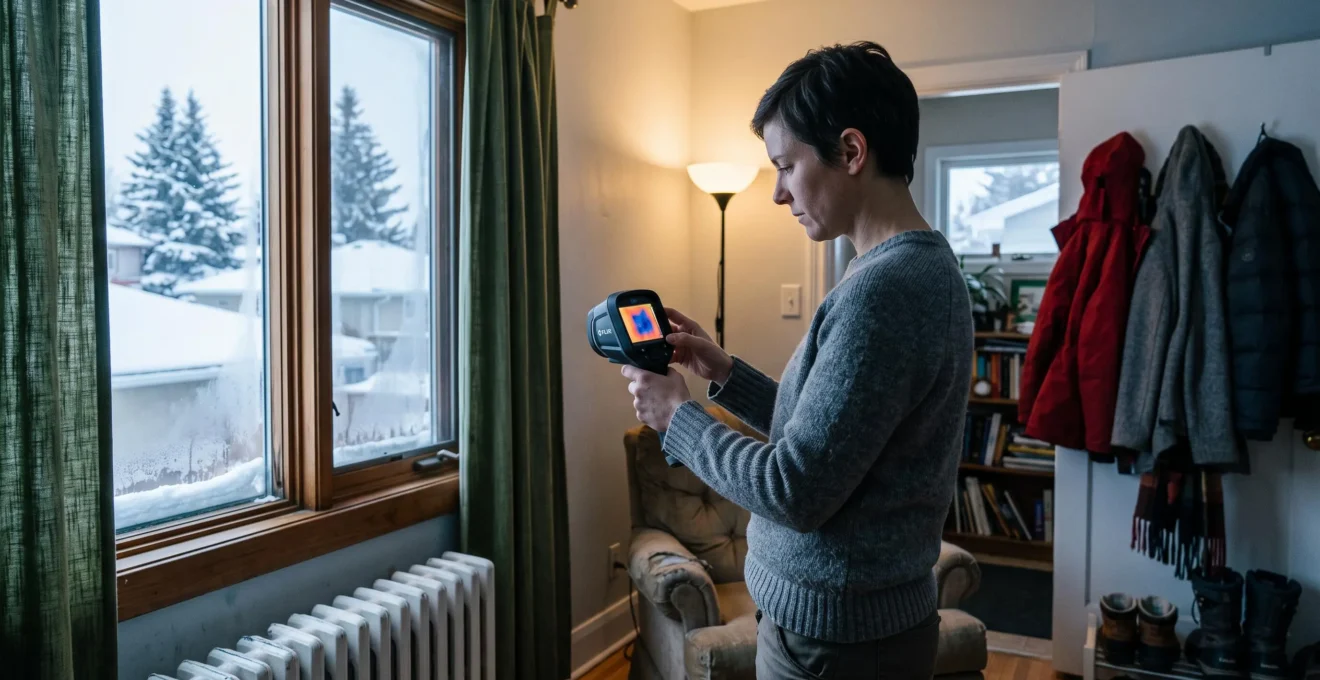 Un conseiller examine une paroi avec une caméra thermographique dont l'écran révèle les zones de déperdition de chaleur dans une maison canadienne en hiver.