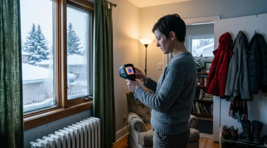 Un conseiller examine une paroi avec une caméra thermographique dont l'écran révèle les zones de déperdition de chaleur dans une maison canadienne en hiver.