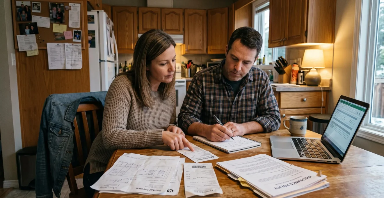 Un couple canadien compare des factures de santé et un contrat d'assurance privée assis à la table de leur cuisine.