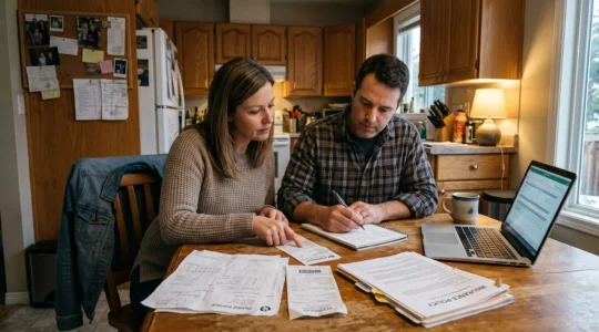 Un couple canadien compare des factures de santé et un contrat d'assurance privée assis à la table de leur cuisine.