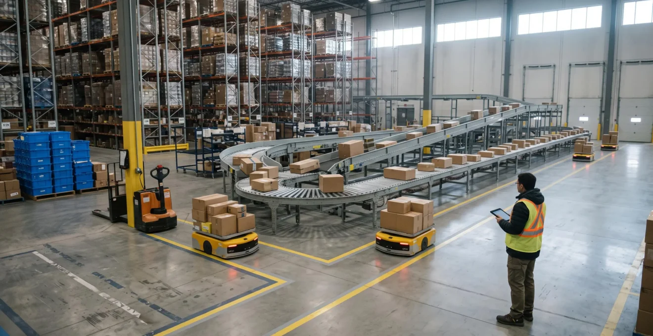 Un employé d'entrepôt supervise des robots mobiles autonomes et un convoyeur de tri dans un centre logistique canadien automatisé.