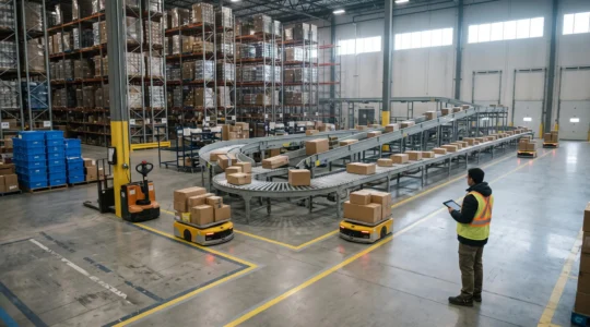 Un employé d'entrepôt supervise des robots mobiles autonomes et un convoyeur de tri dans un centre logistique canadien automatisé.