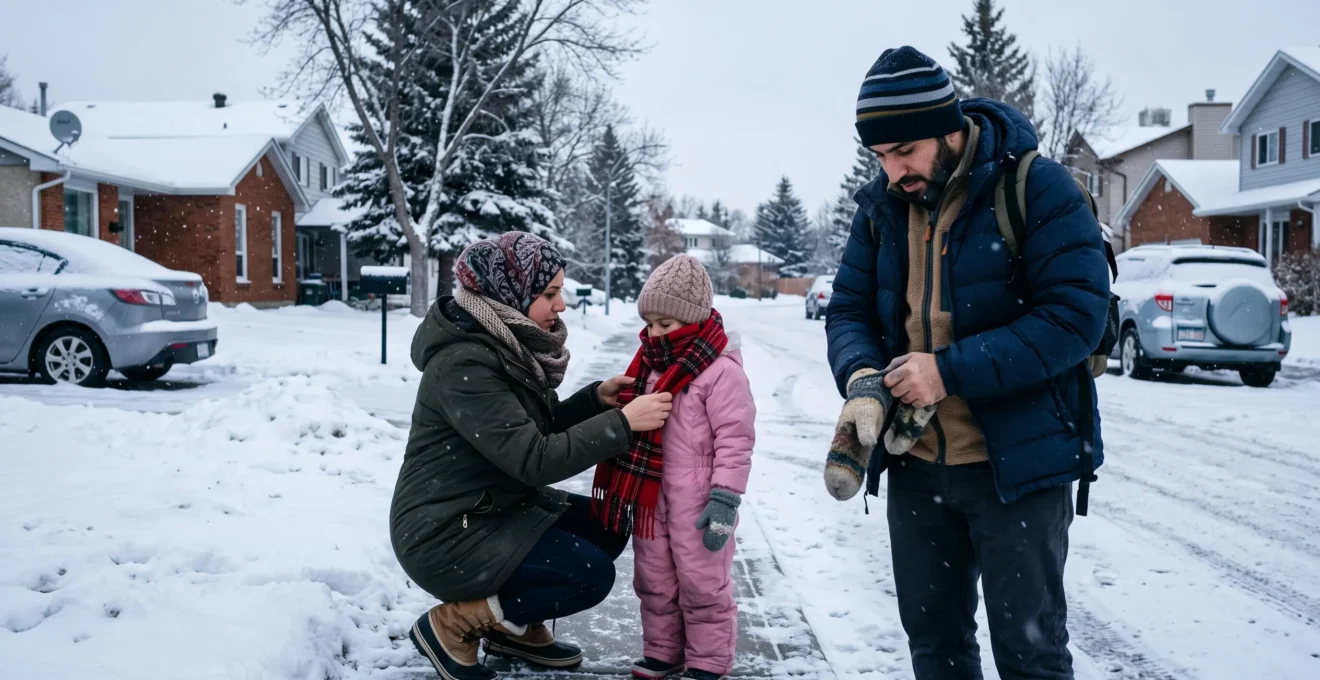 Une famille habillée en vêtements d'hiver superposés marche dans une rue résidentielle canadienne enneigée par temps froid.