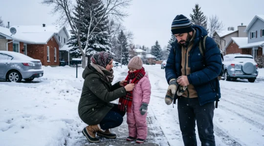 Une famille habillée en vêtements d'hiver superposés marche dans une rue résidentielle canadienne enneigée par temps froid.