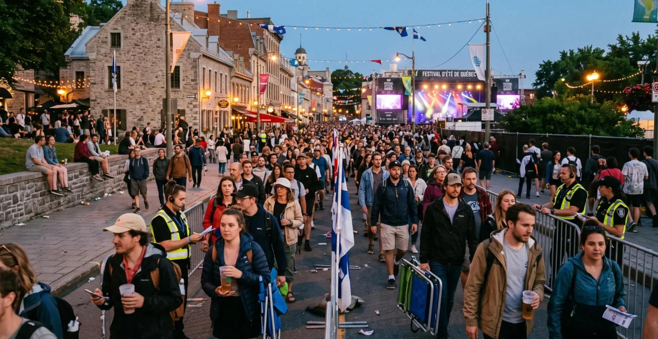 Une foule de festivaliers se dirige vers les scènes d'un grand festival culturel en plein air dans une ville canadienne, tandis qu'un agent vérifie les billets à l'entrée.