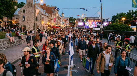 Une foule de festivaliers se dirige vers les scènes d'un grand festival culturel en plein air dans une ville canadienne, tandis qu'un agent vérifie les billets à l'entrée.