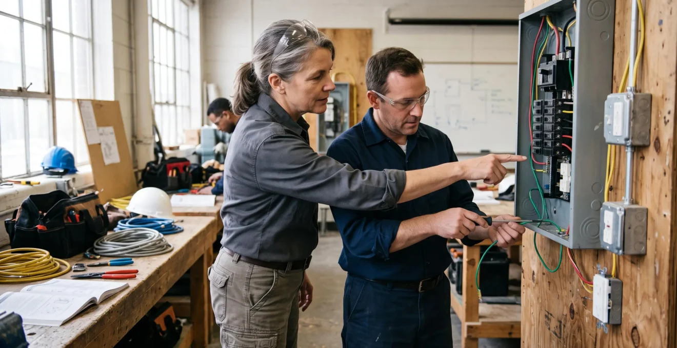 Une formatrice guide un adulte en reconversion lors d'un exercice de câblage sur un panneau électrique dans un atelier de formation professionnelle canadien.