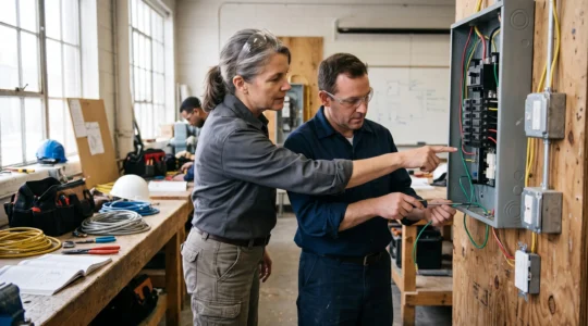 Une formatrice guide un adulte en reconversion lors d'un exercice de câblage sur un panneau électrique dans un atelier de formation professionnelle canadien.