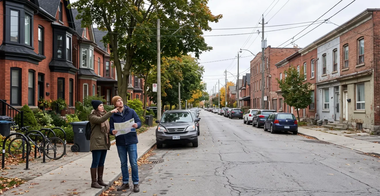 Un couple examine des immeubles résidentiels dans une rue d'une grande ville canadienne, à la frontière de deux quartiers aux allures différentes.