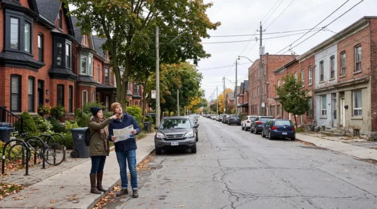 Un couple examine des immeubles résidentiels dans une rue d'une grande ville canadienne, à la frontière de deux quartiers aux allures différentes.