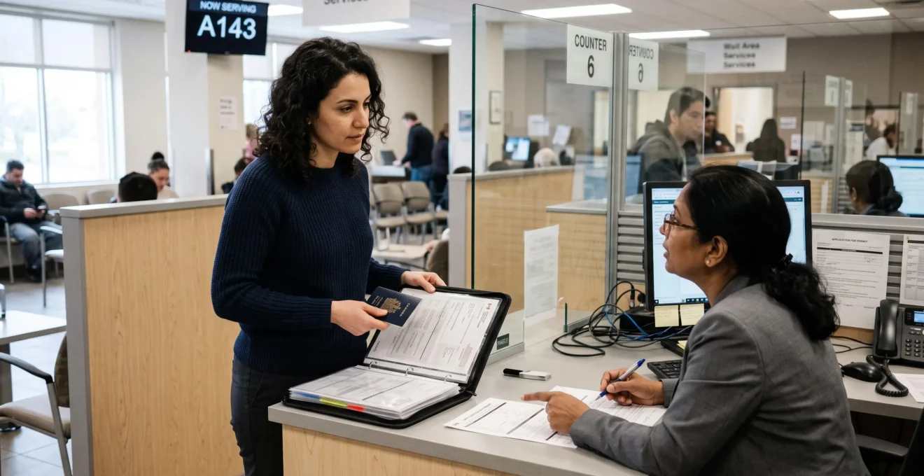Une nouvelle arrivante présente son passeport et ses documents à un agent du guichet d'un bureau administratif au Canada.