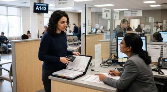 Une nouvelle arrivante présente son passeport et ses documents à un agent du guichet d'un bureau administratif au Canada.