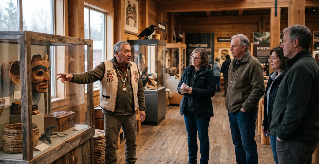 Un guide autochtone présente des objets culturels à un petit groupe de visiteurs dans un centre culturel au Canada.