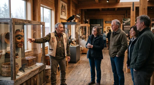 Un guide autochtone présente des objets culturels à un petit groupe de visiteurs dans un centre culturel au Canada.