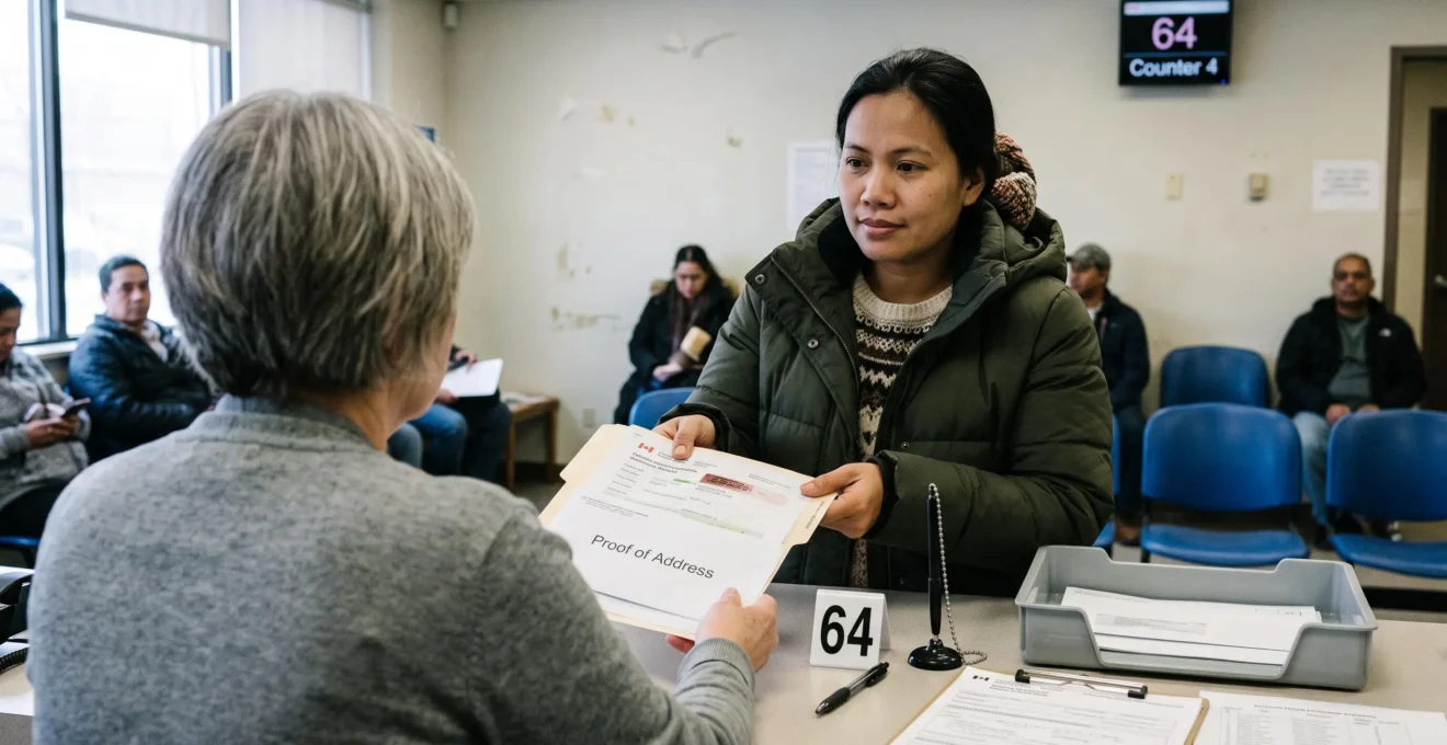 Une femme remet un dossier de documents d'immigration à un agent du comptoir d'un bureau d'assurance maladie provincial au Canada.