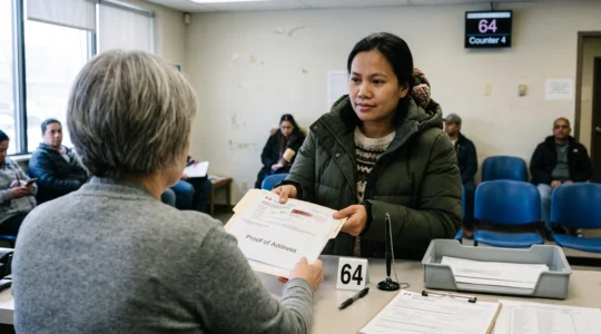 Une femme remet un dossier de documents d'immigration à un agent du comptoir d'un bureau d'assurance maladie provincial au Canada.