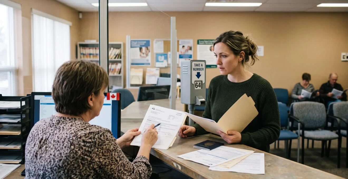 Une nouvelle résidente présente ses documents au guichet d'un bureau de services de santé provincial pour inscrire sa demande de carte de santé.