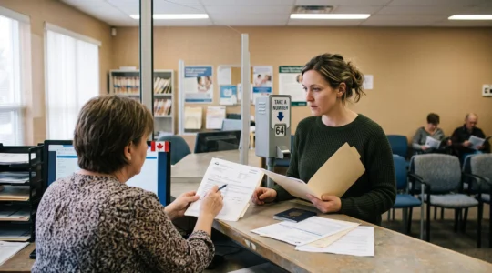Une nouvelle résidente présente ses documents au guichet d'un bureau de services de santé provincial pour inscrire sa demande de carte de santé.