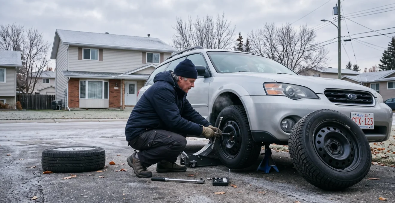 Un conducteur installe un pneu d'hiver sur sa voiture stationnée dans une allée résidentielle canadienne par une matinée froide.