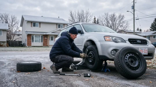 Un conducteur installe un pneu d'hiver sur sa voiture stationnée dans une allée résidentielle canadienne par une matinée froide.
