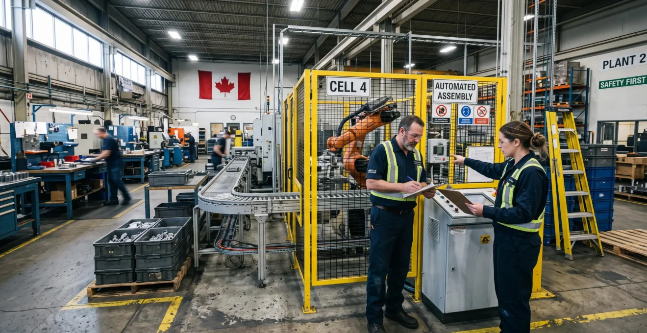 Un technicien en automatisation et un opérateur examinent ensemble une cellule robotisée nouvellement installée sur une ligne de production industrielle en activité.