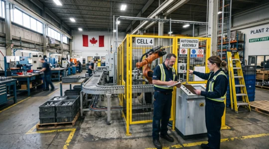 Un technicien en automatisation et un opérateur examinent ensemble une cellule robotisée nouvellement installée sur une ligne de production industrielle en activité.