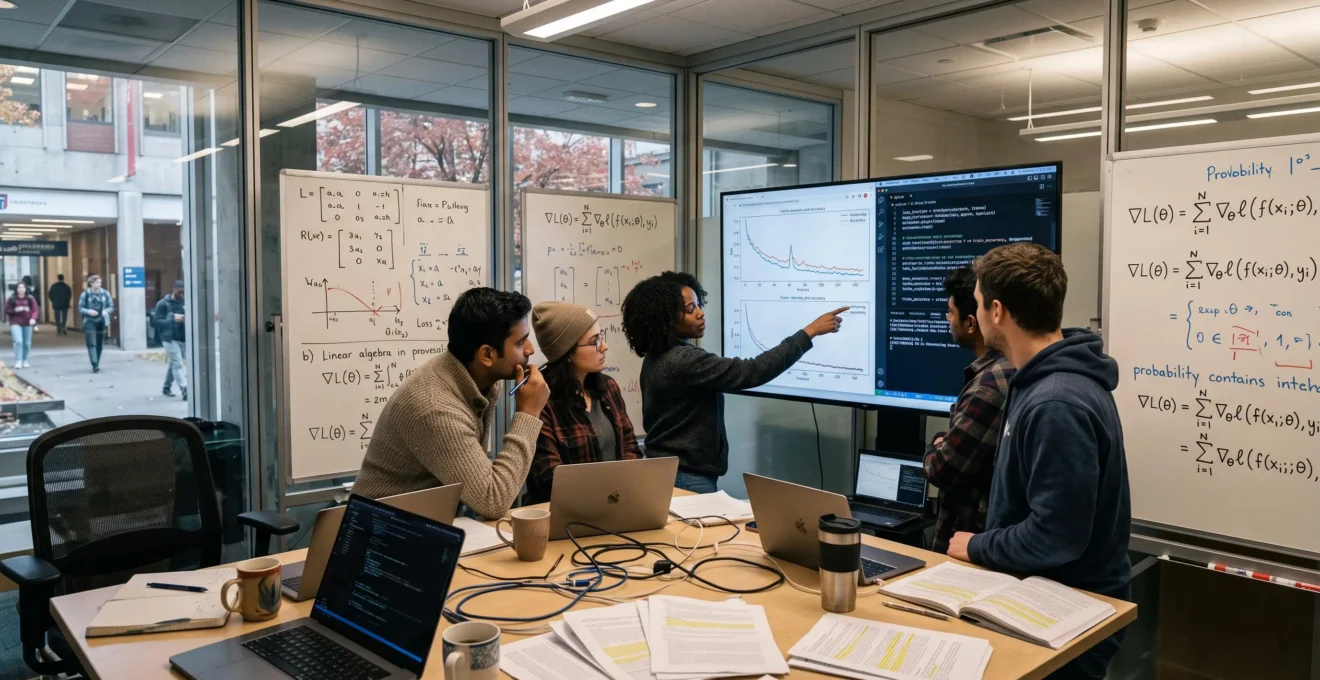 Des chercheurs discutent autour d'un écran affichant des courbes d'entraînement de réseaux de neurones dans un laboratoire universitaire canadien.