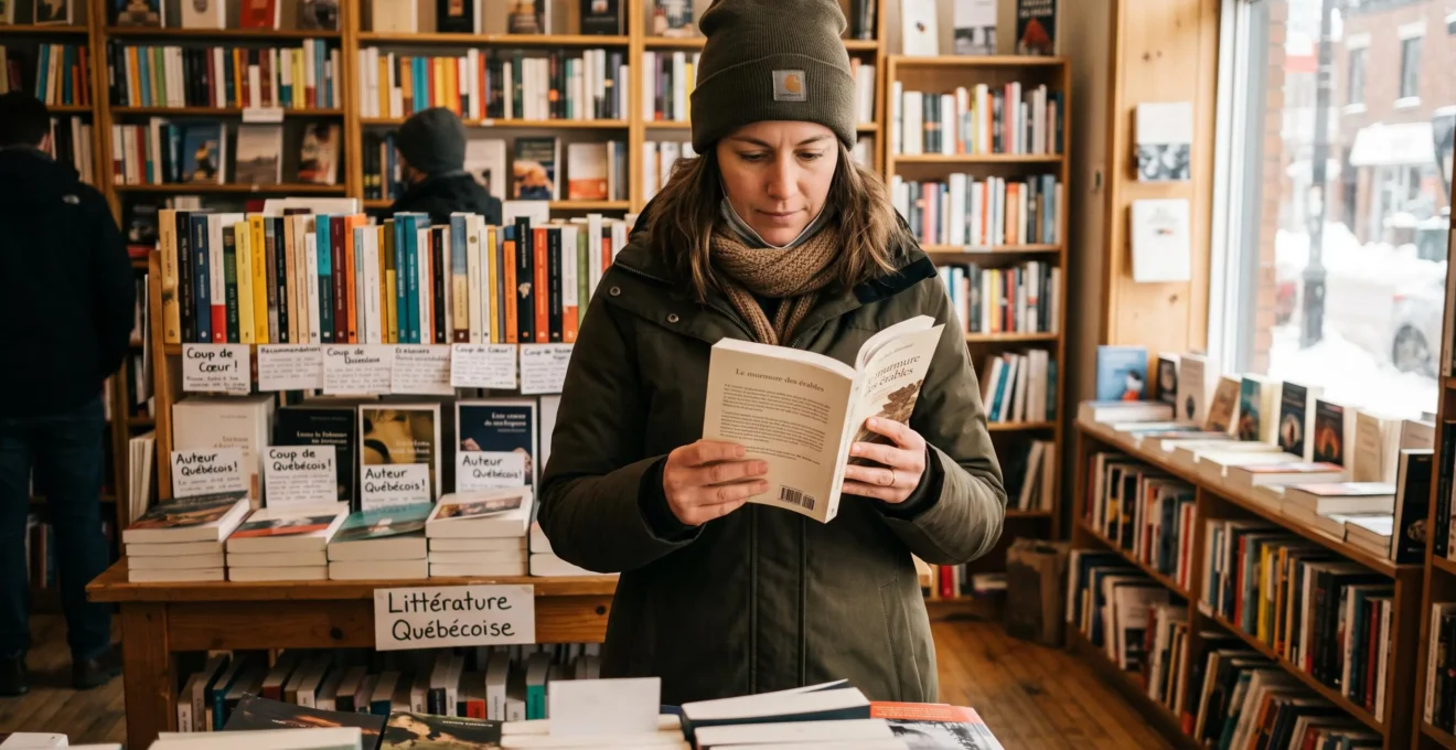 Une lectrice feuillette un roman sur une table de littérature québécoise dans une librairie indépendante.