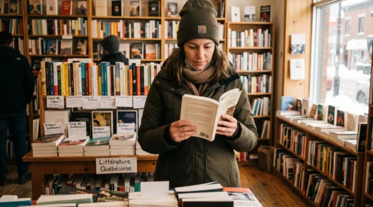 Une lectrice feuillette un roman sur une table de littérature québécoise dans une librairie indépendante.