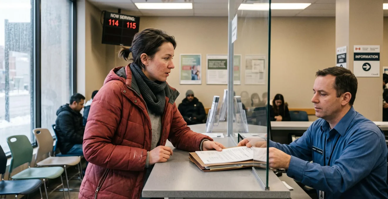 Une nouvelle arrivante dépose son dossier de documents au comptoir d'un bureau de services gouvernementaux au Canada.