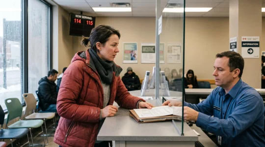 Une nouvelle arrivante dépose son dossier de documents au comptoir d'un bureau de services gouvernementaux au Canada.