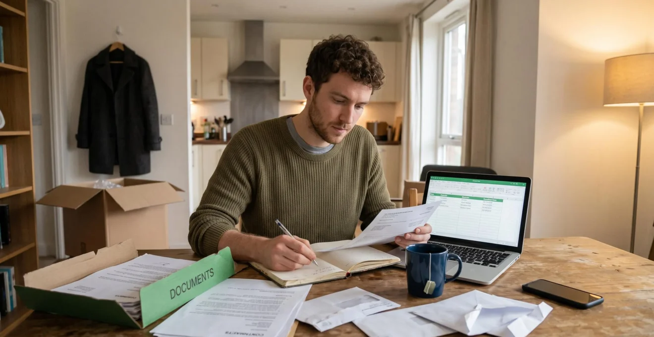 Une personne installée au Canada organise ses contrats et ses factures sur une table, notant des dates de renouvellement dans un carnet près d'un ordinateur portable.