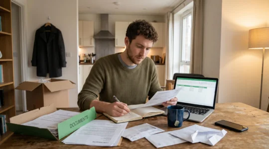 Une personne installée au Canada organise ses contrats et ses factures sur une table, notant des dates de renouvellement dans un carnet près d'un ordinateur portable.