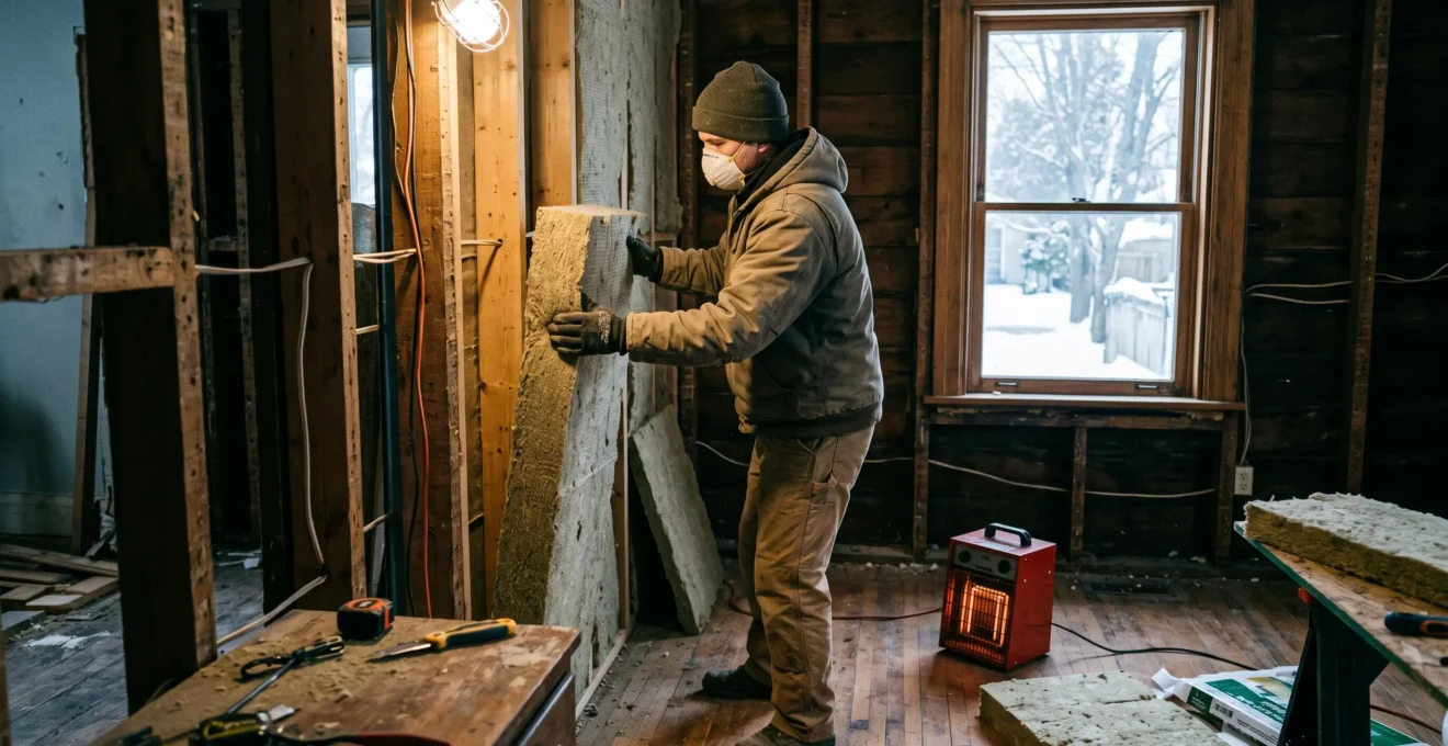 Un ouvreur installe des panneaux isolants entre les montants d'un mur ouvert pendant une rénovation hivernale au Canada.
