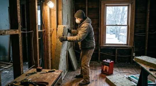 Un ouvreur installe des panneaux isolants entre les montants d'un mur ouvert pendant une rénovation hivernale au Canada.