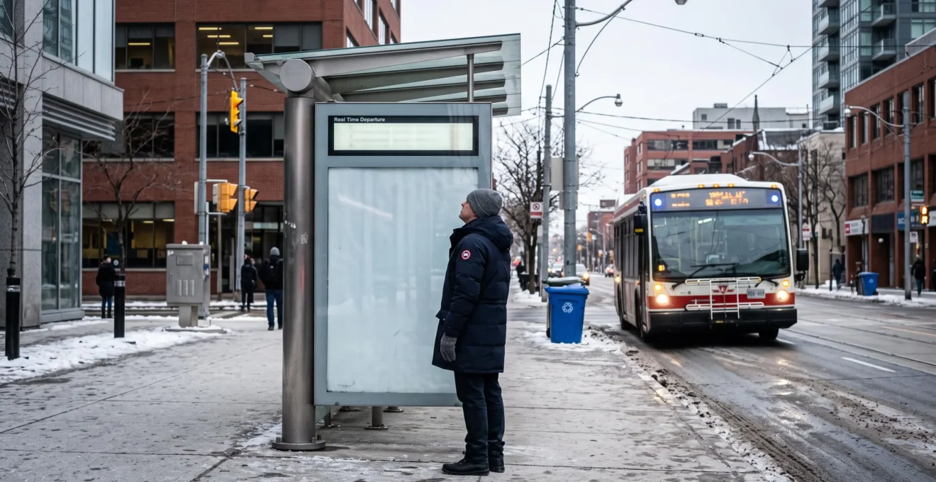 Un passager consulte le panneau d'affichage d'un abribus pendant qu'un autobus arrive dans une rue canadienne en hiver.