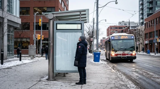 Un passager consulte le panneau d'affichage d'un abribus pendant qu'un autobus arrive dans une rue canadienne en hiver.
