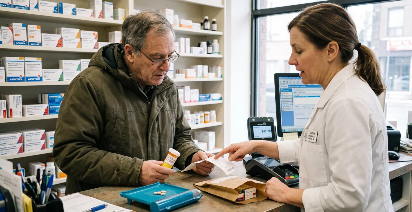 Un pharmacien explique un reçu à un patient au comptoir d'une pharmacie pendant que celui-ci tient un flacon de médicaments sur ordonnance.