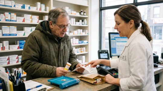 Un pharmacien explique un reçu à un patient au comptoir d'une pharmacie pendant que celui-ci tient un flacon de médicaments sur ordonnance.