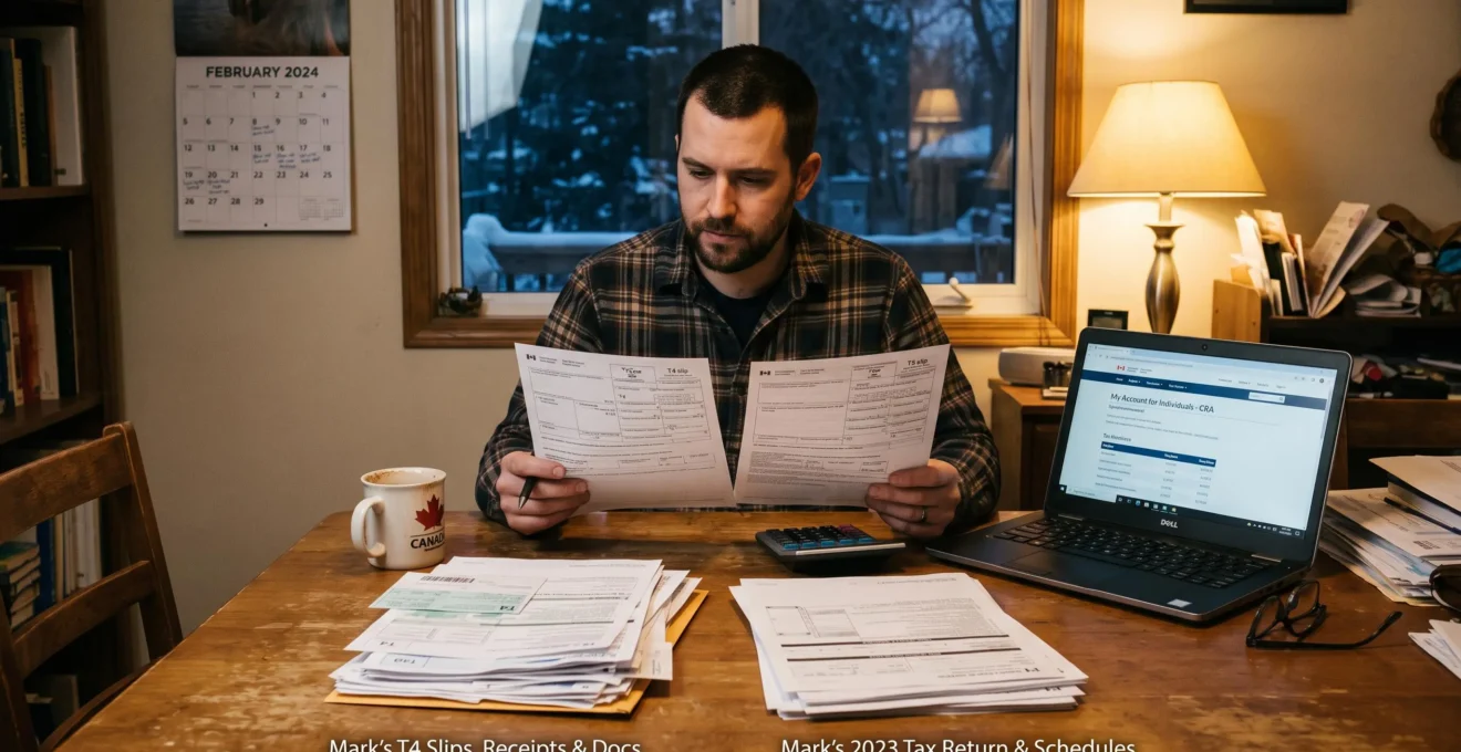 Un résident canadien compare deux piles de documents fiscaux à sa table de cuisine devant un ordinateur portable ouvert sur son dossier en ligne.