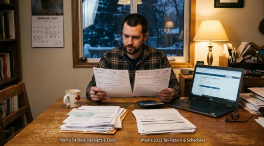 Un résident canadien compare deux piles de documents fiscaux à sa table de cuisine devant un ordinateur portable ouvert sur son dossier en ligne.