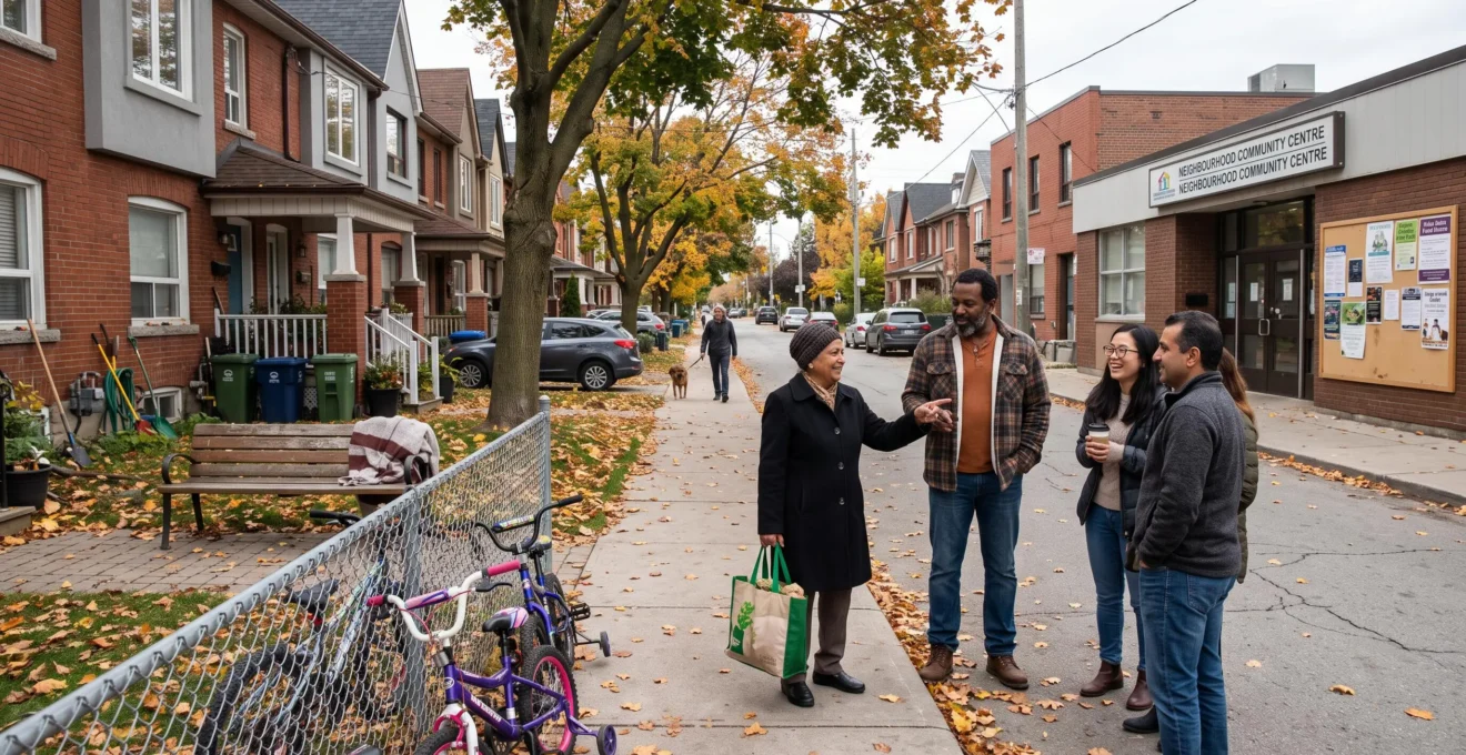 Des résidents de diverses origines discutent sur un trottoir d'un quartier multiculturel canadien devant un centre communautaire.